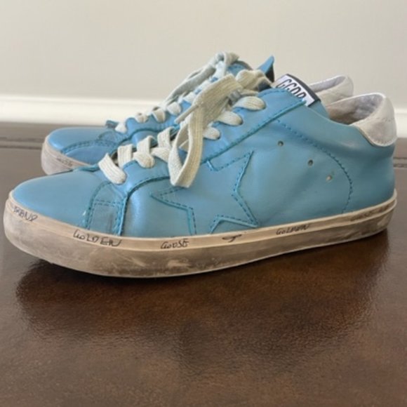 $595 Golden Goose Super-Star Blue Leather w/Silver Star Low-Top Sneakers EU38 - Picture 6 of 12